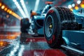 front wheel of blue Formula one racing car at start of race closeup Royalty Free Stock Photo