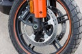 front wheel of Harley-Davidson Pan America 1250 Motorcycle with brembo disc brakes, closeup