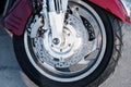 Front wheel of a motorcycle with a braking system Royalty Free Stock Photo