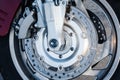Front wheel of a motorcycle with a braking system Royalty Free Stock Photo