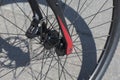 Front wheel of a sports bicycle. Wheel spokes closeup