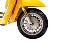 Front wheel yellow motorcycle scooter isolated on white background with clipping path Royalty Free Stock Photo