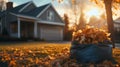 Front yard garbage bag filled with autumn leaves Royalty Free Stock Photo