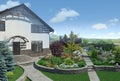 Front yard landscape design, 3D render
