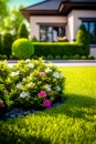 Front yard, landscape design with multicolored shrubs intersecting with bright green lawns behind the house is a modern, garden Royalty Free Stock Photo