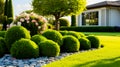 Front yard, landscape design with multicolored shrubs intersecting with bright green lawns behind the house is a modern, garden Royalty Free Stock Photo