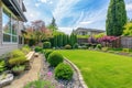 Front yard, landscape design with multicolored shrubs intersecting with bright green lawns behind the house is a modern Royalty Free Stock Photo