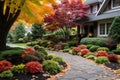 Front yard with plants in fall. Stylish house decorated for autumn holidays season, colorful bushes on a foreground. AI
