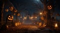 A front yard with a spooky Halloween forest theme, including pumpkins carved to look like woodland creatures Royalty Free Stock Photo