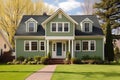 front yard of two-story colonial revival home with dormer windows Royalty Free Stock Photo