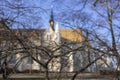 In front you can see branches of a tree, and far away a detail of a gothic cathedral