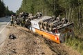 Frontal collision of Volvo and truck with tanker for transportation of gasoline., in Latvia on the A9 road, August 17, 2018 Royalty Free Stock Photo