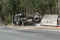 Frontal collision of Volvo and truck with tanker for transportation of gasoline., in Latvia on the A9 road, August 17, 2018 Royalty Free Stock Photo