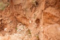 Frontal detail of different strata and layers of rock and earth on a slope