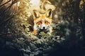 Frontal portrait of a fox looking through a gap in the leaves of forest plants, made with generative ai