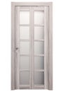 Frontal vertical image closed wooden double door with glass, isolated white background