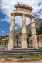 Frontal view Athena Pronaia Sanctuary at Ancient Greek archaeological site of Delphi, Greece Royalty Free Stock Photo