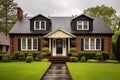 frontal view of a brick colonial-style house with a black roof