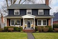 frontal view of a brick colonial-style house with a black roof