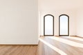 frontal view on empty luxurious loft apartment with floor-to-ceiling windows and panoramic view modern minimalistic interior