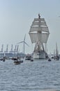 Frontal view of the Esmeralda tall ship on the Ij river