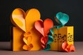 Frontal view of a gift boxes wrapped in paper with musical notes and paper hearts. World Music Day concept Royalty Free Stock Photo