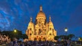Frontal view of Sacre coeur Sacred Heart cathedral day to night timelapse. Paris, France Royalty Free Stock Photo