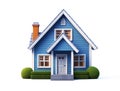 Frontal view of a tiny blue cottage house with slight shadow isolated