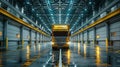 Frontal view of a yellow truck in a shiny reflective warehouse