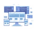 Frontend Development, Creating a site layout, template. Website UI UX interface on a monitor screen, tablet, phone, html css js