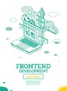 Frontend Development. Isometric Concept with Laptop Isolated on White. Creating a Site Layout Using Programming Languages. HTML,