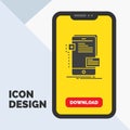 frontend, interface, mobile, phone, developer Glyph Icon in Mobile for Download Page. Yellow Background