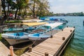 FRONTERAS, GUATEMALA - MARCH 10, 2016: Boats at Rio Dulce river at the pier in Fronteras town, Guatema Royalty Free Stock Photo