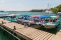 FRONTERAS, GUATEMALA - MARCH 10, 2016: Boats at Rio Dulce river at the pier in Fronteras town, Guatema Royalty Free Stock Photo
