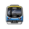 Frontfacing cartoon modern subway train with the destination and number 123 displayed Royalty Free Stock Photo