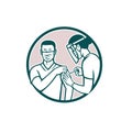 Frontline Worker Vaccinated with Covid-19 Vaccine by a Medical Doctor or Nurse Set in Circle Retro Icon