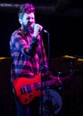 Frontman concept. Musician with beard play electric guitar Royalty Free Stock Photo