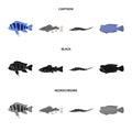 Frontosa, cichlid, phractocephalus hemioliopterus.Fish set collection icons in cartoon,black,monochrome style vector