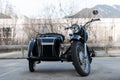 Frontview of black old oldtimer motorcycle Royalty Free Stock Photo