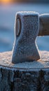 Frost-covered axe embedded in snow-capped tree stump at dawn in winter landscape Royalty Free Stock Photo