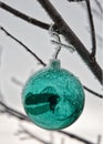 Frost covered Christmas ball ornament hanging on a branch on a winters day