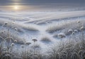 Frost-covered landscape featuring snow-draped rolling hills and Royalty Free Stock Photo