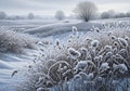 Frost-covered landscape with gentle rolling hills and sparse trees, Royalty Free Stock Photo