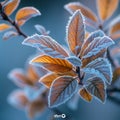 Frost-covered leaves on a brisk winter morning