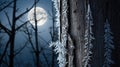 Winter\'s Night Embrace: Ice Crystals Adorn the Tree Under the Moonlit Sky Royalty Free Stock Photo