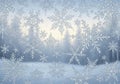 Frost-covered window displaying intricate snowflake patterns Royalty Free Stock Photo