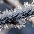 Frost crystals form on a twig showcasing their hexagonal prismatic Royalty Free Stock Photo