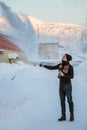 Frost effect hot water freezes man pours boiling water