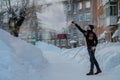 Frost effect hot water freezes man pours boiling water