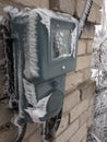 Frost on the electric power box in winter
